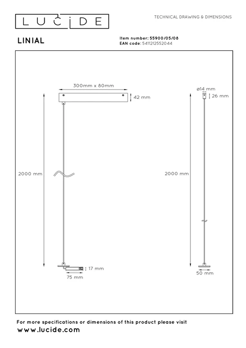 Lucide Premium LINIAL Aufhängung mit Deckenplatte  - 1-Phasen Stromschiene / Schienensystem - Matt Schwarz Chrom - technisch